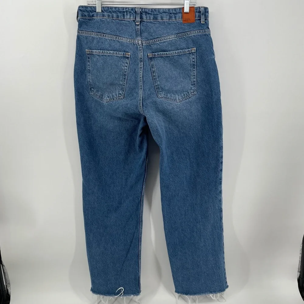 Zara Straight‎ Leg Jeans Womens 12 Blue High Rise Raw Hem Relaxed